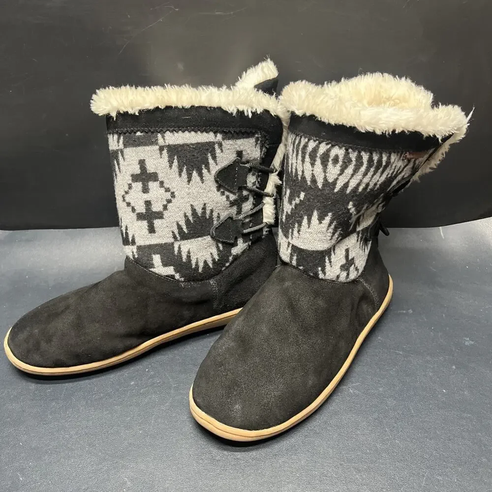 Pendleton Hacienda Bootie Slip On Sherpa Lined Tie Back Boots Women’s Size 10.